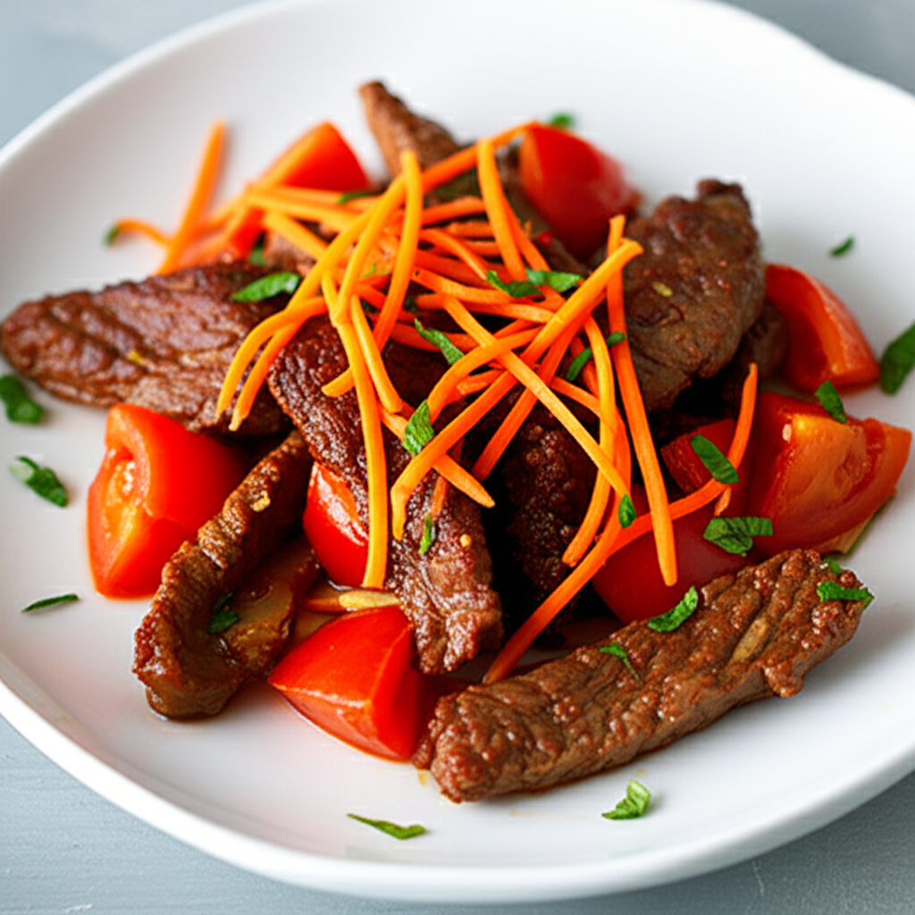 Spicy Beef and Tomato Stir-Fry with Shredded Carrots