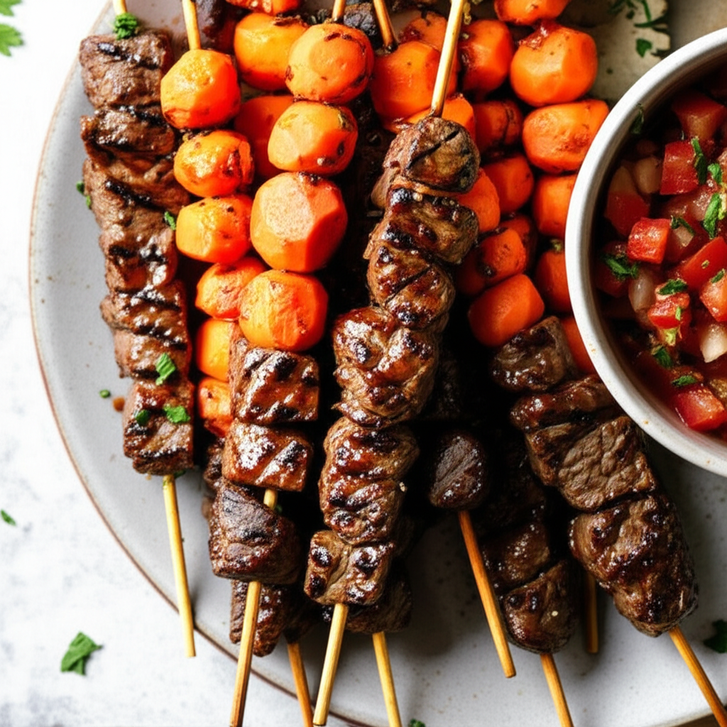 Spicy Beef and Carrot Skewers with Charred Tomato Salsa