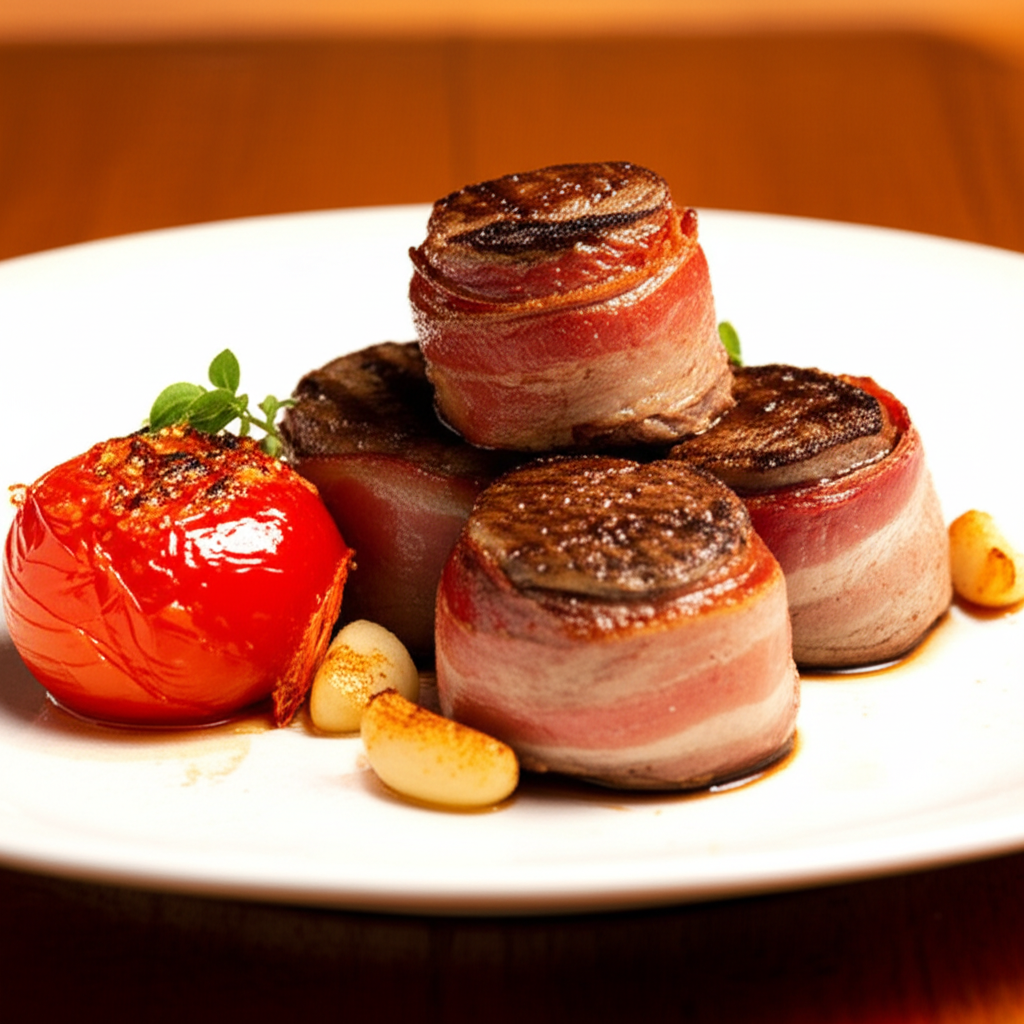 Bacon-Wrapped Beef Medallions with Roasted Tomato and Garlic Confit