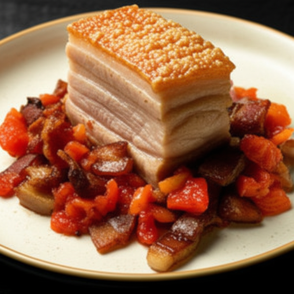 Crispy Pork Belly with Savory Bacon and Tomato Relish