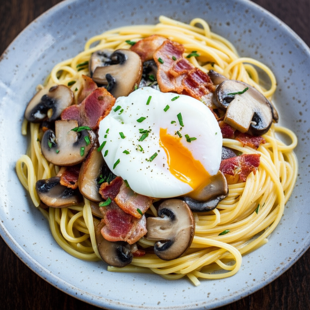 Creamy Mushroom and Bacon Pasta with Poached Egg