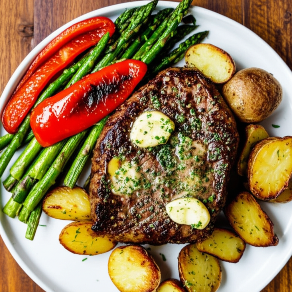 Pan-Seared Beef with Garlic Butter and Roasted Vegetables