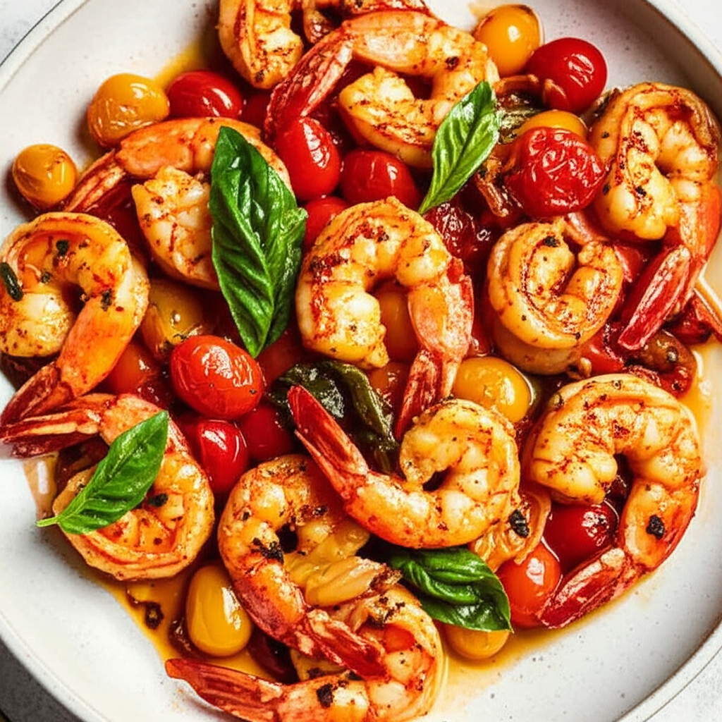Fiery Garlic Shrimp with Basil and Blistered Tomatoes