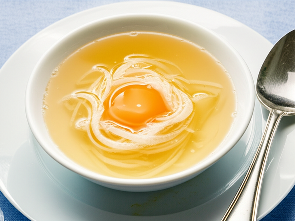 Clear Chicken Broth with Poached Egg and Silken Onions