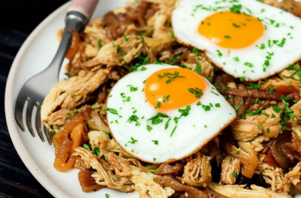 Hearty Chicken and Egg Hash with Caramelized Onions