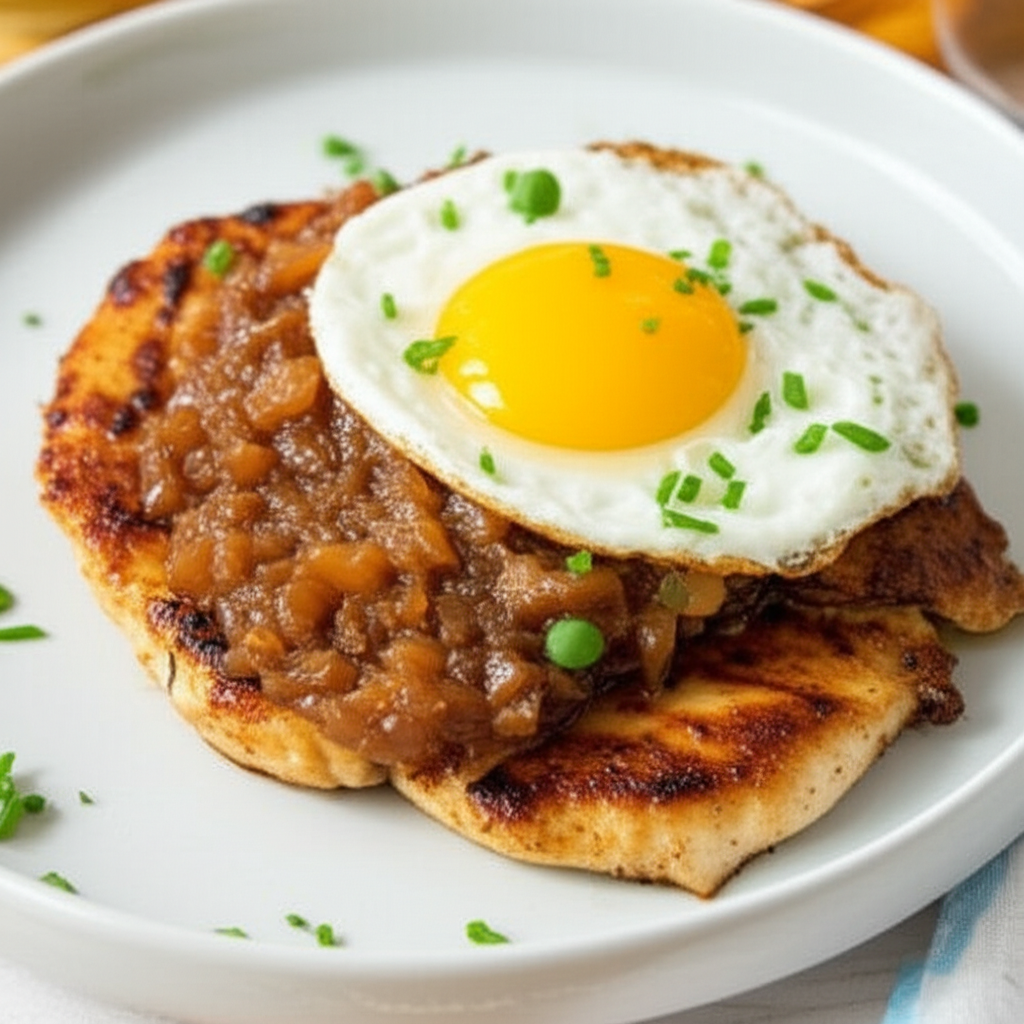 Pan Seared Chicken with Sweet Onion Jam and a Sunny Egg