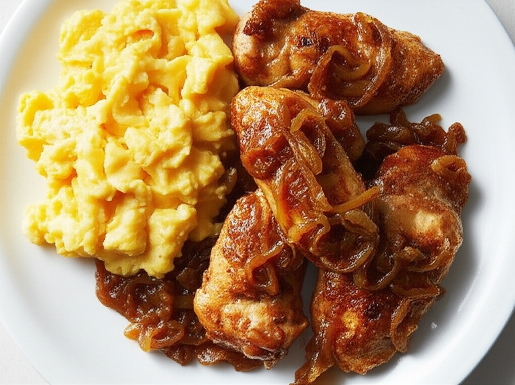 Golden Skillet Chicken with Caramelized Onions and Soft Scrambled Eggs