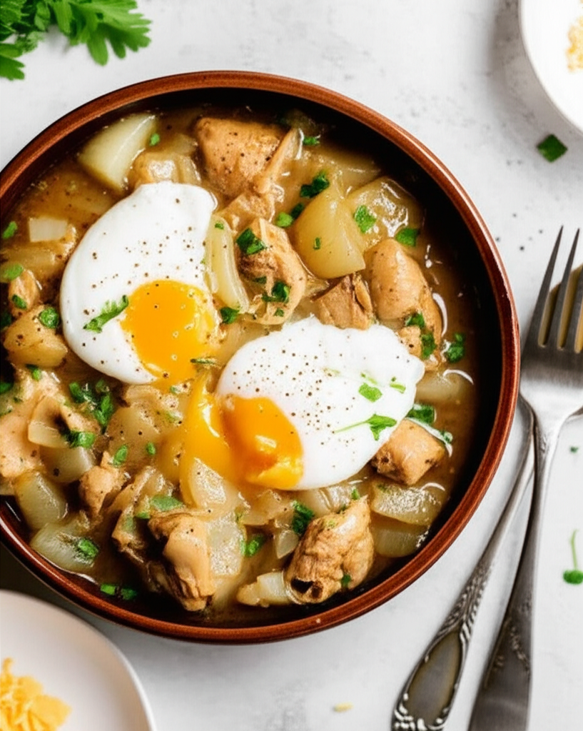 Slow-Simmered Chicken and Onion Comfort Stew with Poached Eggs