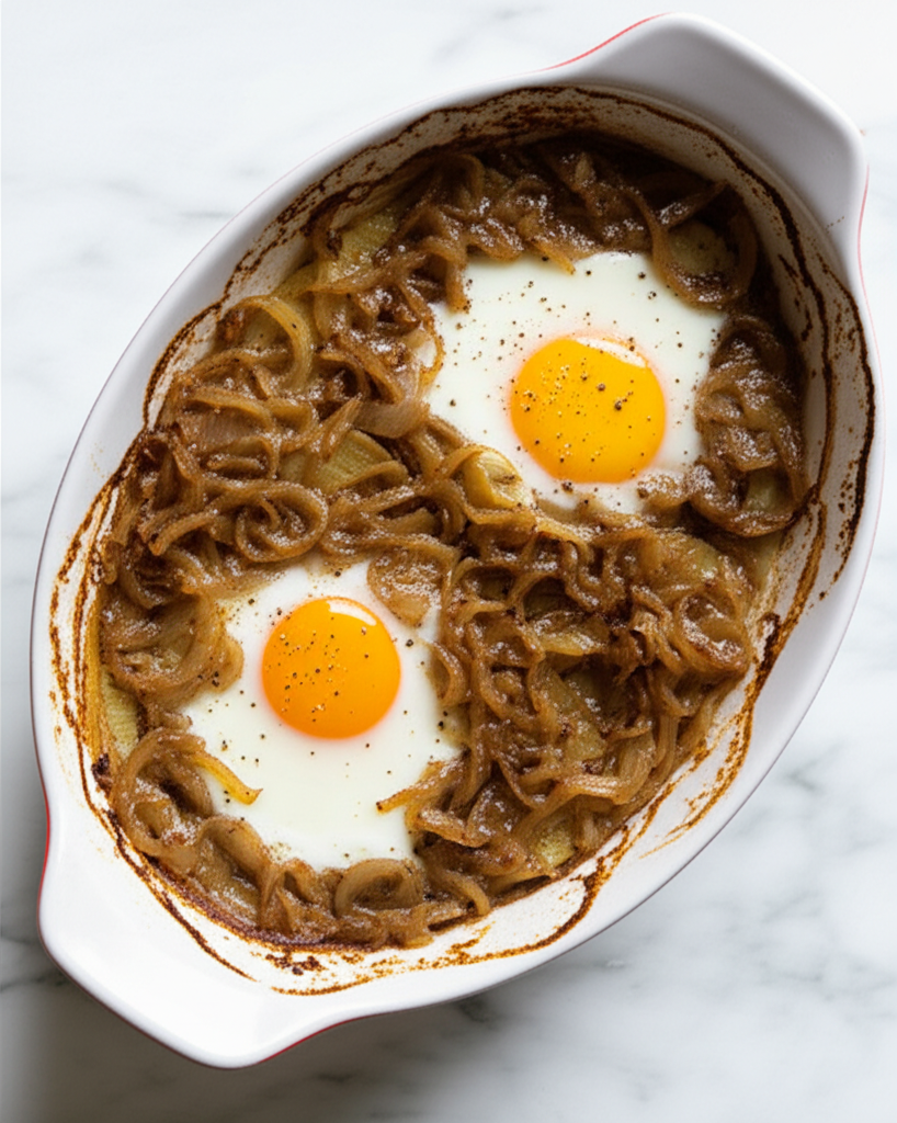 Savory Potato and Caramelized Onion Gratin with Baked Eggs