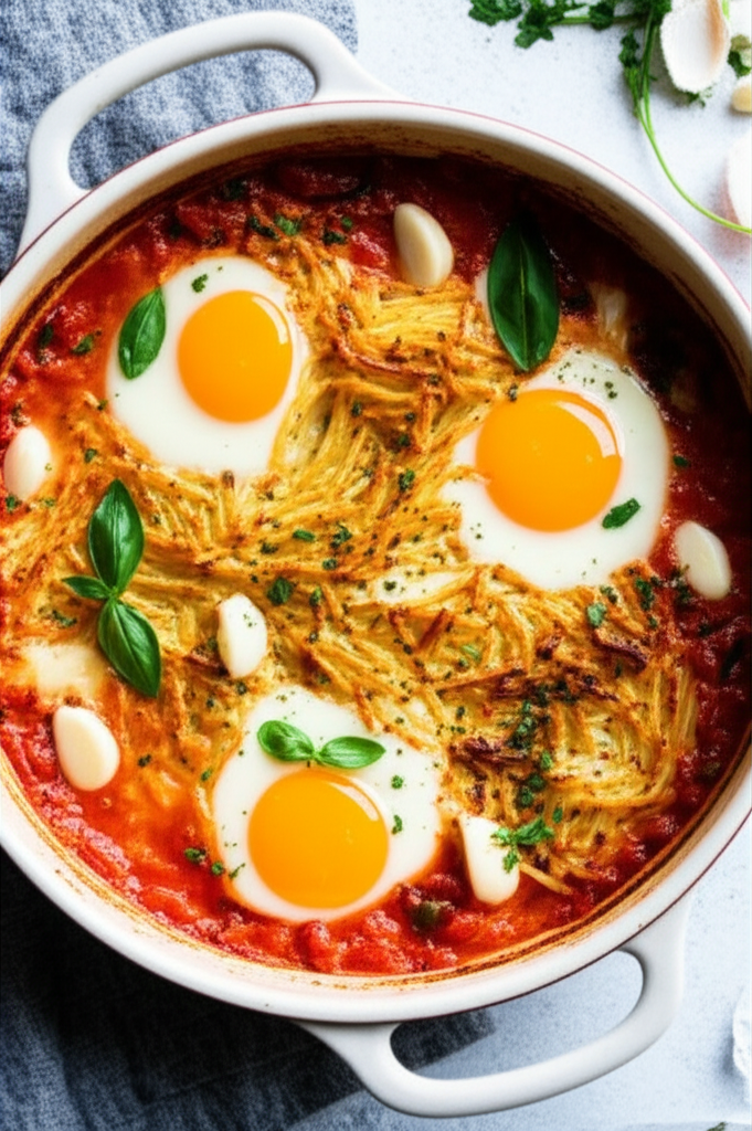 Spicy Tomato and Garlic Baked Eggs with Crispy Potato Hash