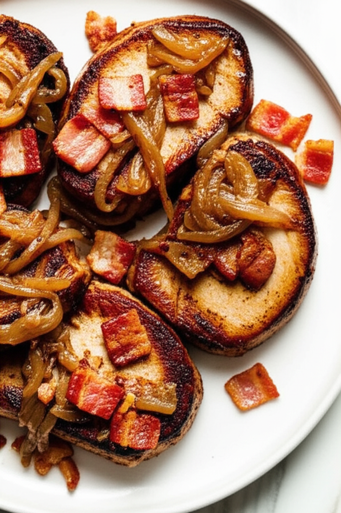 Seared Pork Medallions with Caramelized Onions and Crispy Bacon Crumbles