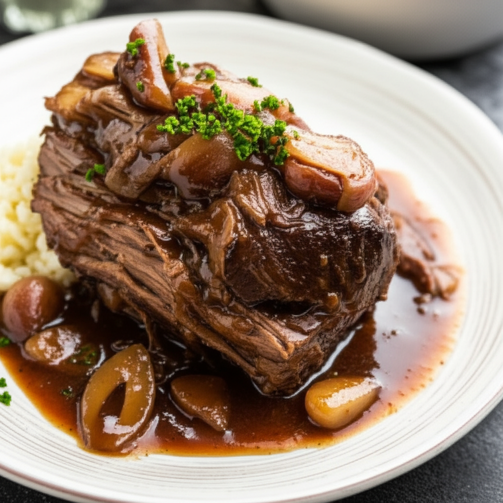 Slow-Braised Beef with Rich Garlic and Onion Gravy