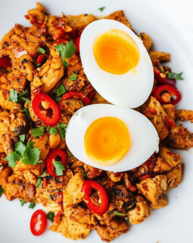 Spicy Chicken Scramble with Soft-Boiled Eggs and Creamy Yolks
