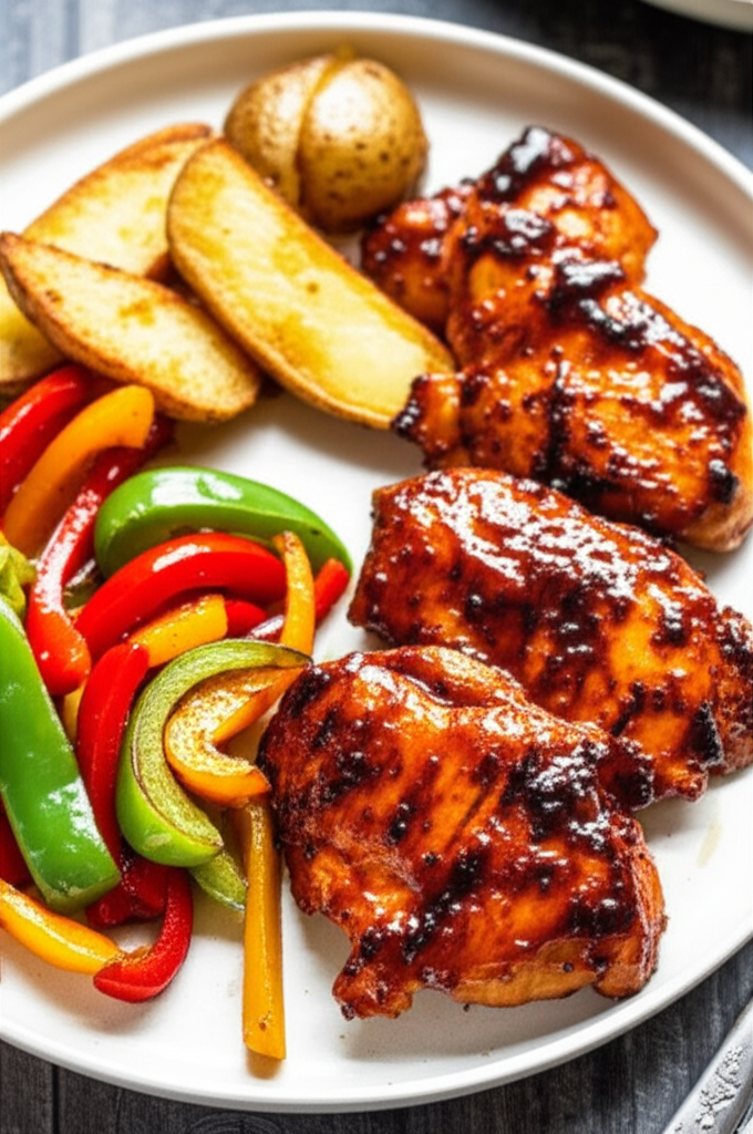 Umami Glazed Chicken with Crispy Potato and Bell Pepper Medley