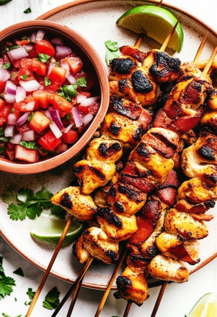 Spicy Chicken and Bacon Skewers with Charred Tomato-Onion Salsa