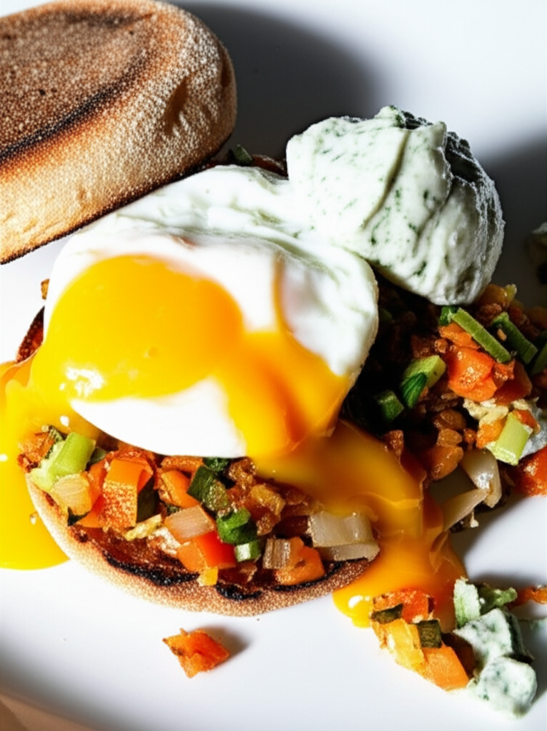 Crispy English Muffin and Egg Hash with Spiced Cream Cheese Dollops