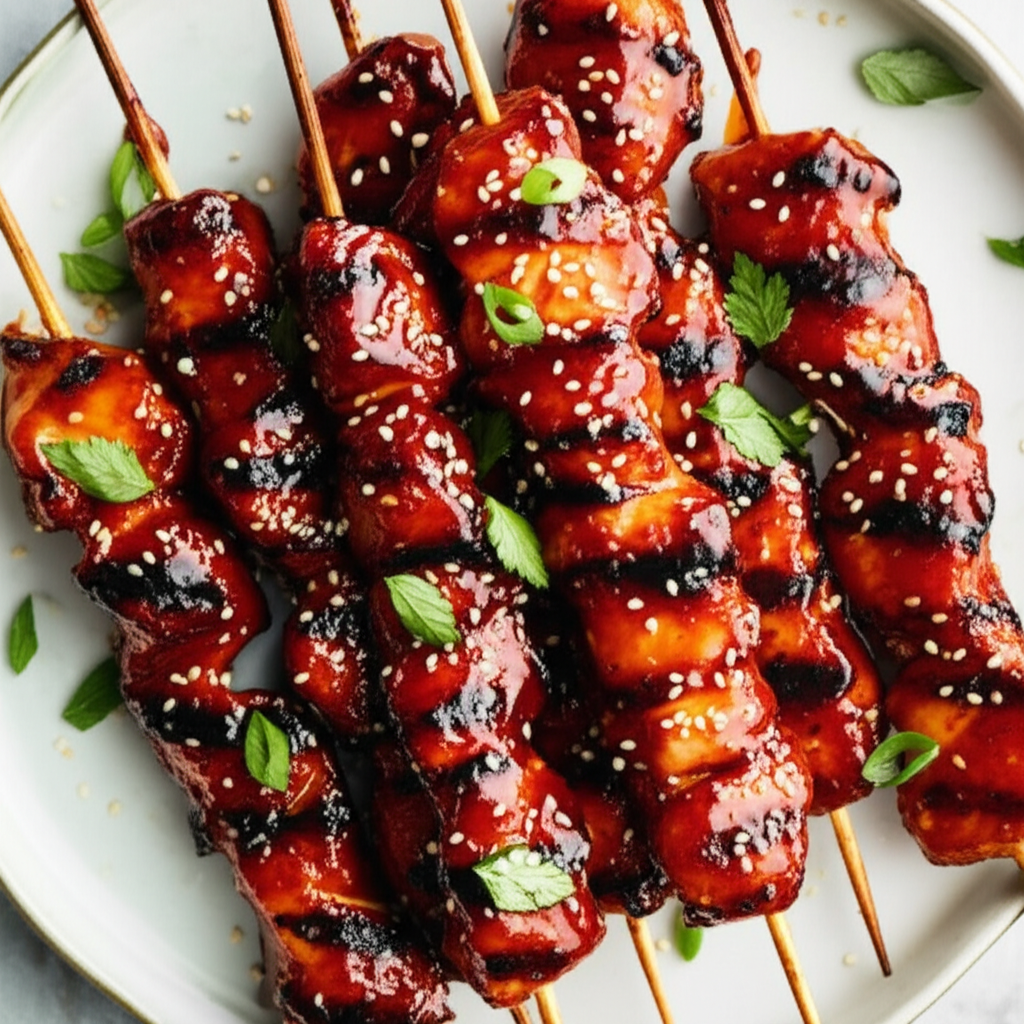 Gochujang Glazed Grilled Chicken Skewers with Sesame