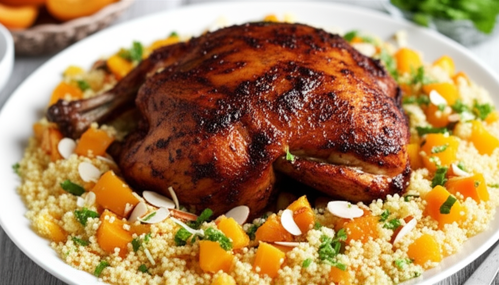Moroccan Spiced Roast Chicken with Apricot and Almond Couscous
