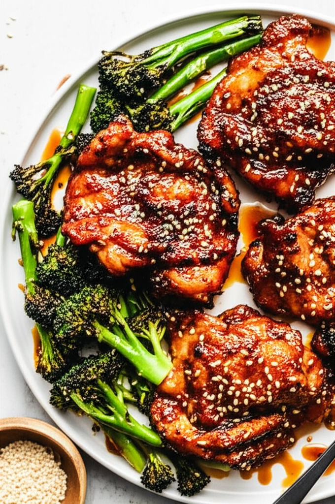 Roasted Gochujang Honey Chicken Thighs with Sesame Broccolini