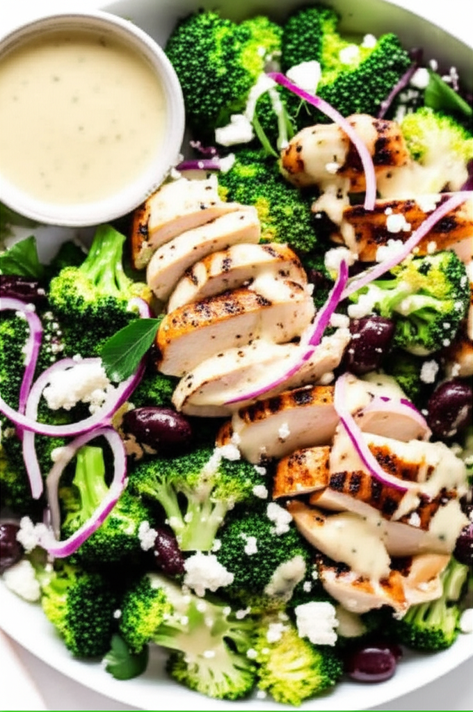 Mediterranean Chicken and Broccoli Salad with Creamy Tahini Dressing