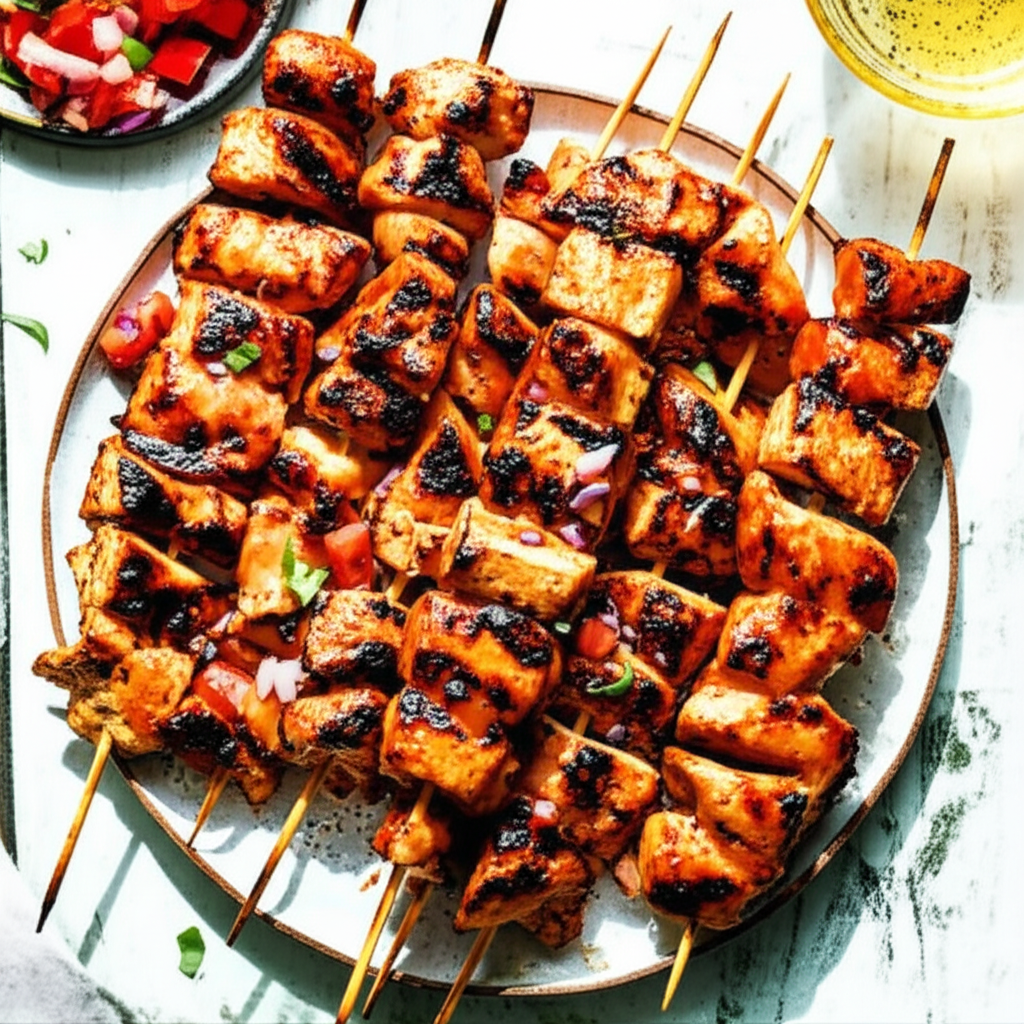 Spicy Grilled Chicken and Tofu Skewers with Charred Tomato-Onion Relish