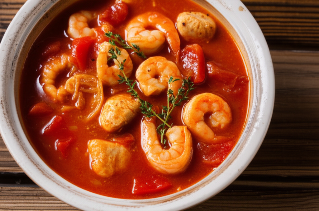 Hearty Chicken and Shrimp Stew with Tomato and Onion