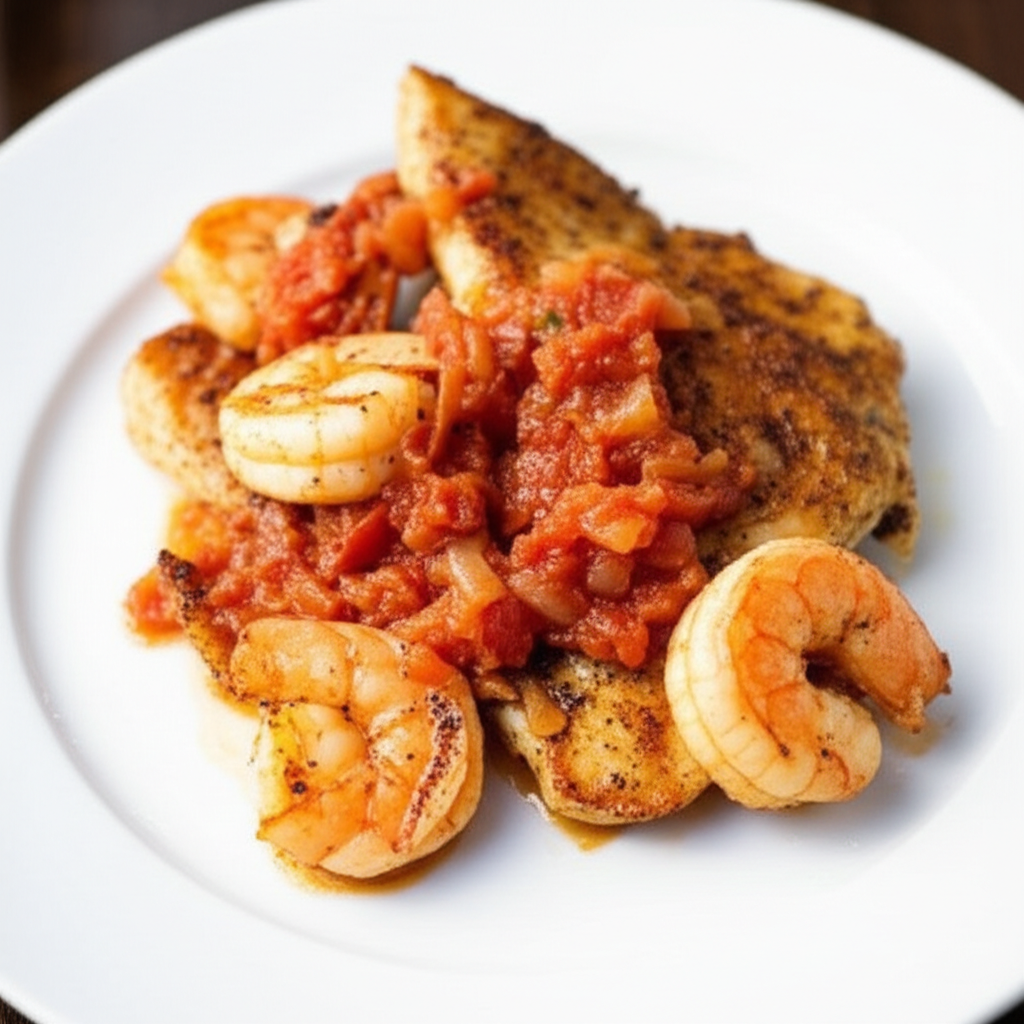 Pan-Seared Chicken and Shrimp with Roasted Tomato-Onion Jam