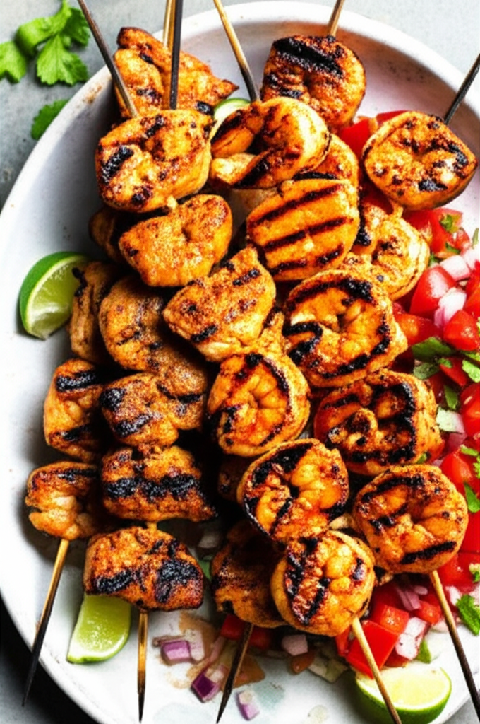Spicy Grilled Chicken and Shrimp Skewers with Charred Tomato-Onion Salsa