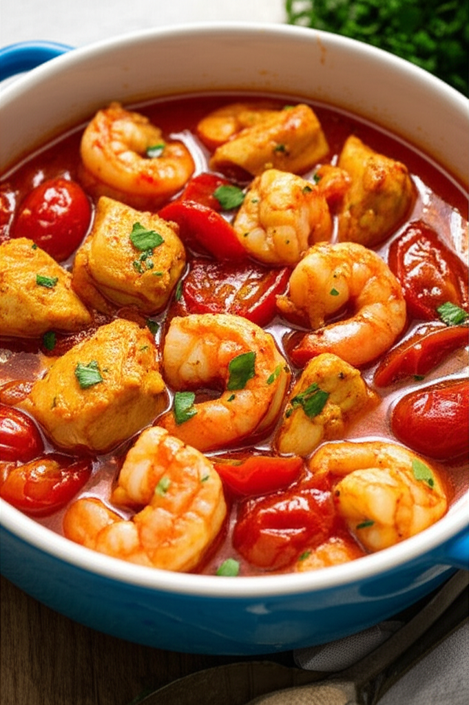 Hearty Chicken and Shrimp Stew with Braised Tomatoes and Onions