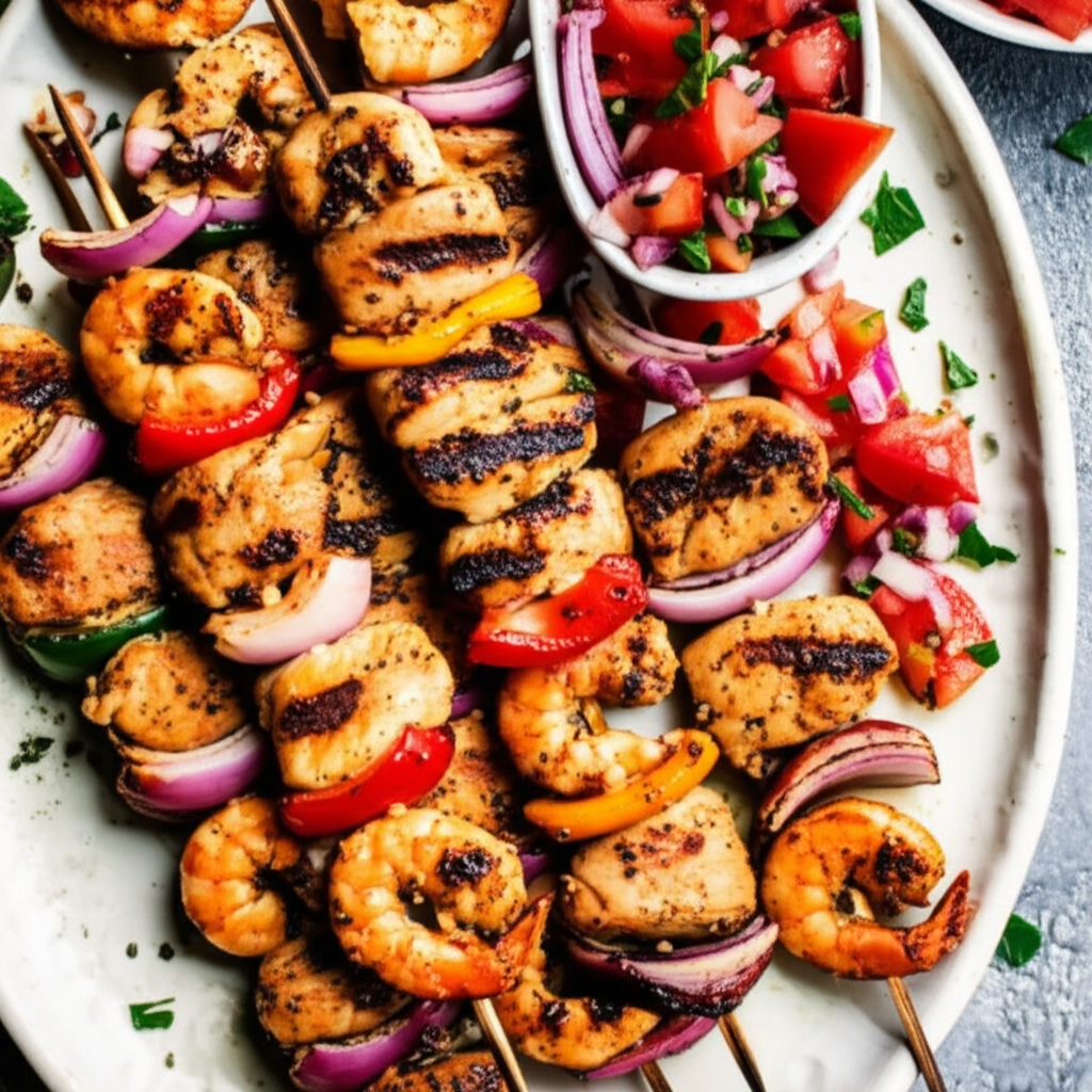 Mediterranean Chicken and Shrimp Skewers with Tomato-Onion Relish