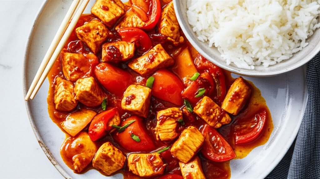 Spicy Szechuan Chicken and Tomato Stir-Fry with Jasmine Rice