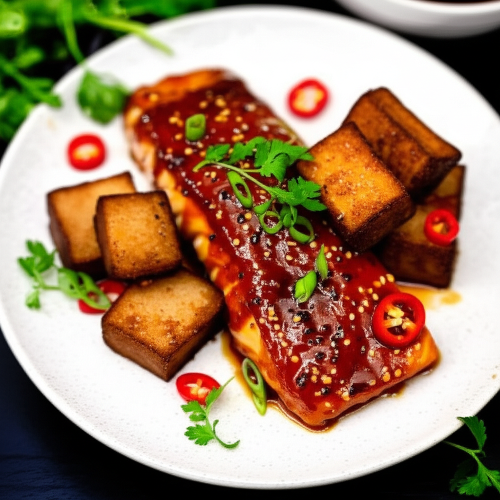 Spicy Miso Glazed Fish with Crispy Bacon Tofu