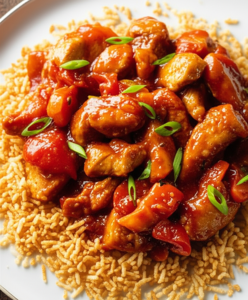 Spicy Szechuan Chicken and Tomato Stir-Fry with Crispy Rice