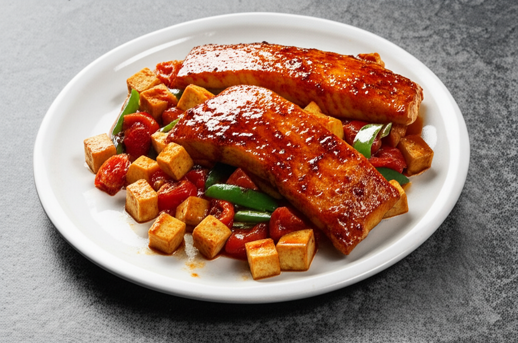 Spicy Gochujang Glazed Fish with Tofu and Tomato Stir-Fry