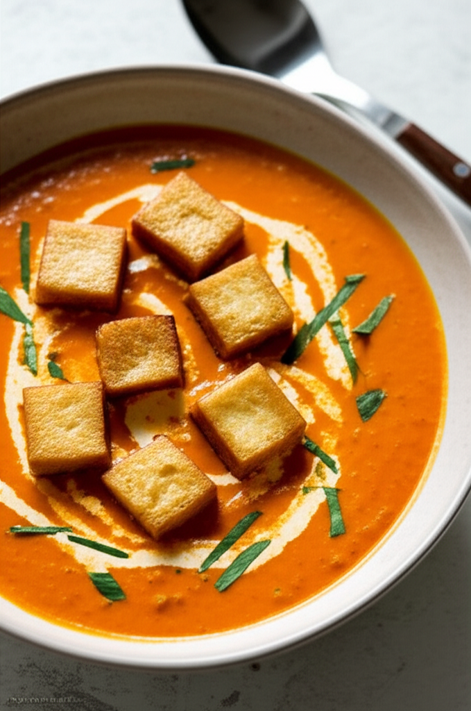 Creamy Tomato and Garlic Soup with Tofu Croutons and Chicken