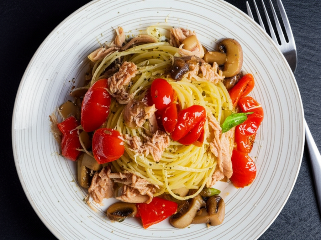 Umami-Rich Mushroom and Tuna Pasta with Roasted Tomatoes