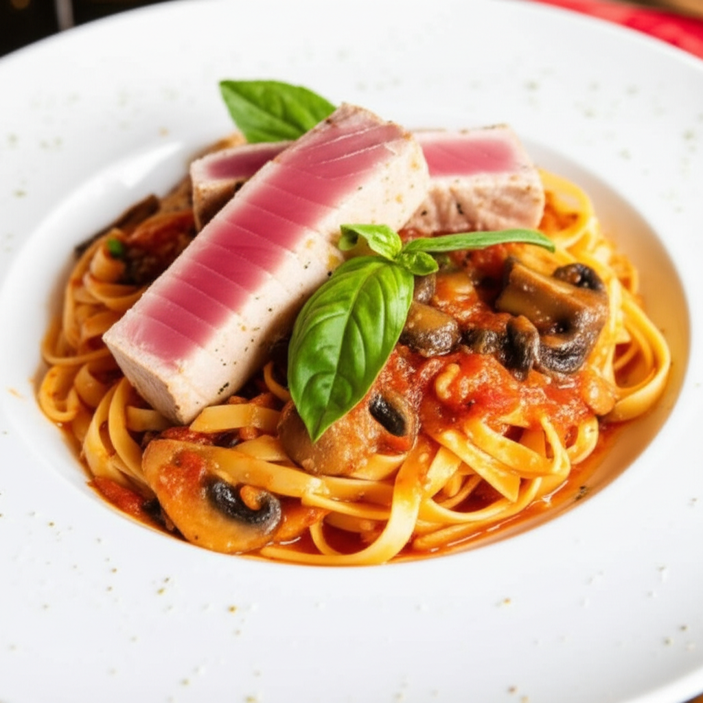 Seared Tuna and Mushroom Pasta with Fresh Tomato Sauce