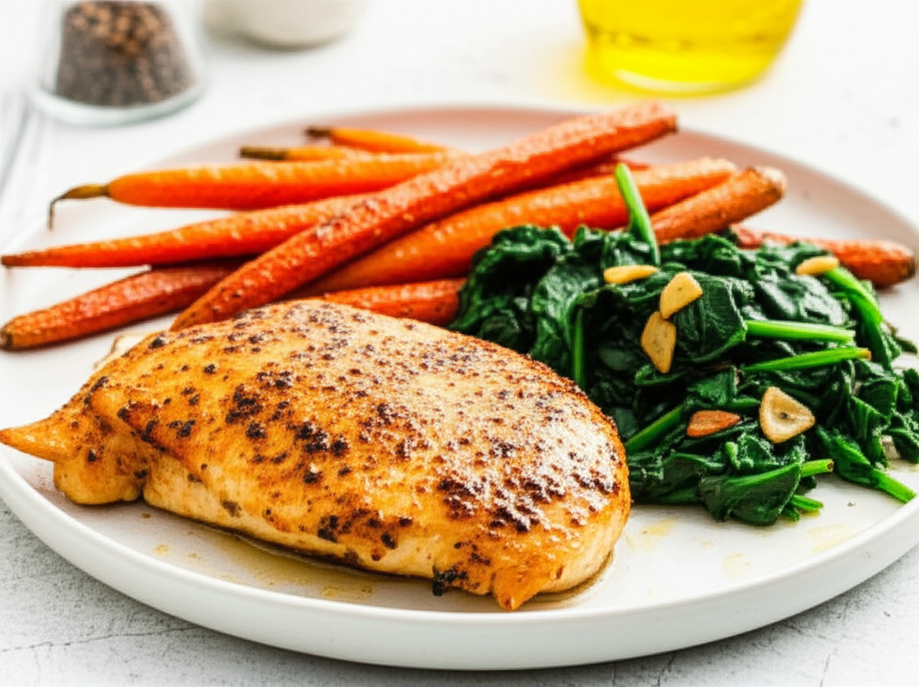 Zesty Pan-Seared Chicken with Roasted Carrots and Garlic Spinach