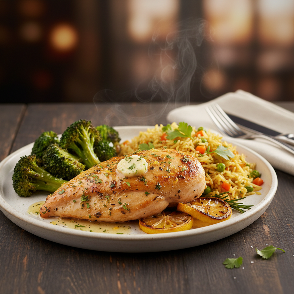 Lemon Herb Baked Chicken with Roasted Broccoli and Rice Pilaf