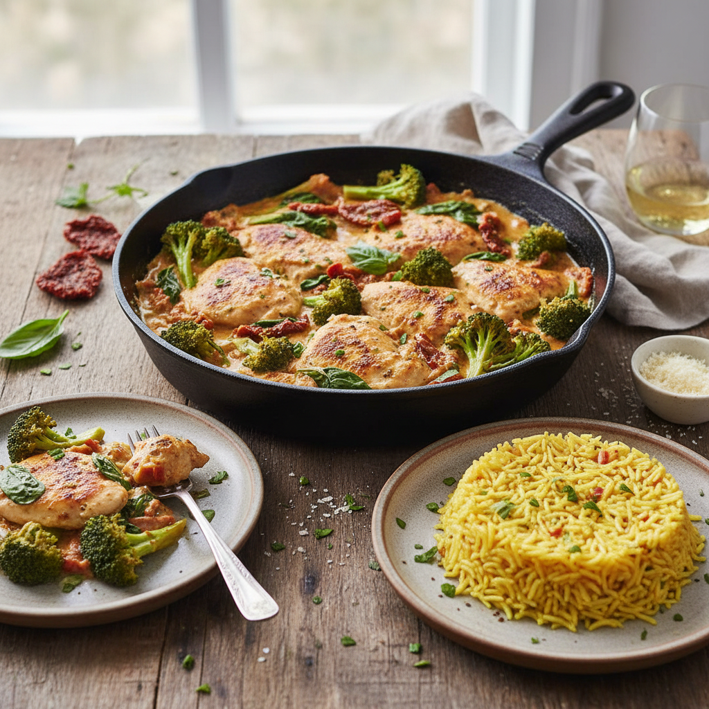Creamy Tuscan Chicken and Broccoli Skillet with Seasoned Rice