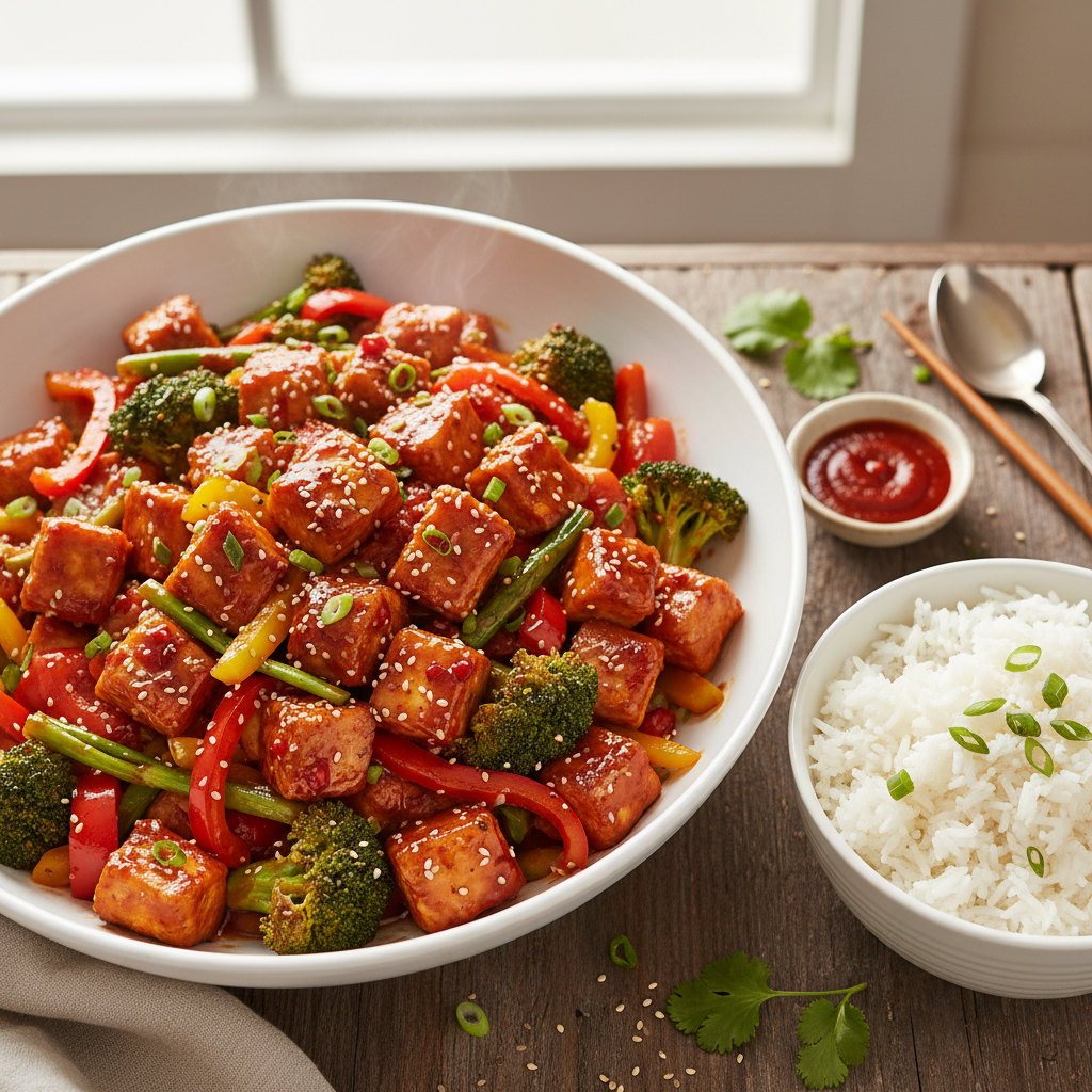 Spicy Honey-Sriracha Chicken Stir-fry with Fluffy White Rice