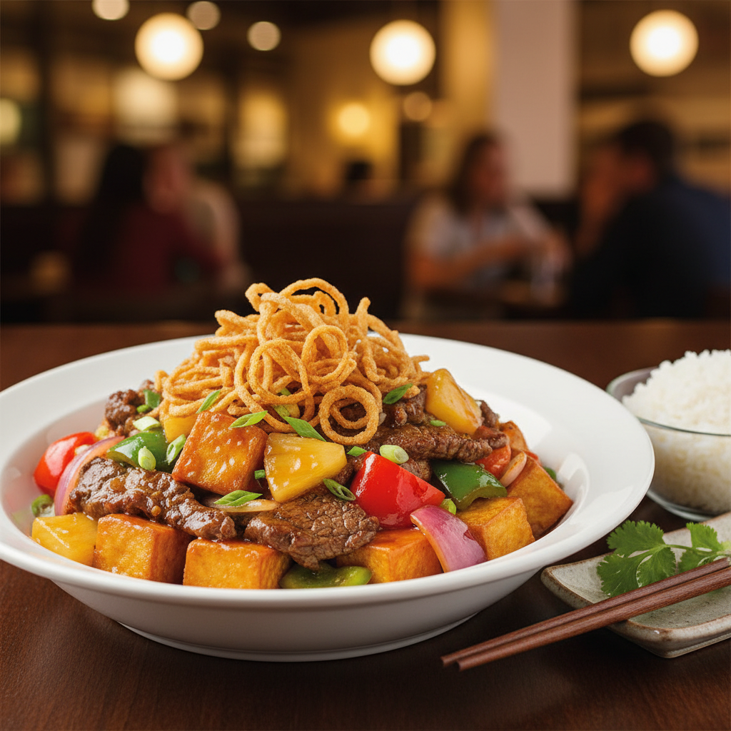 Sweet and Sour Beef & Tofu Stir-Fry with Crispy Onions