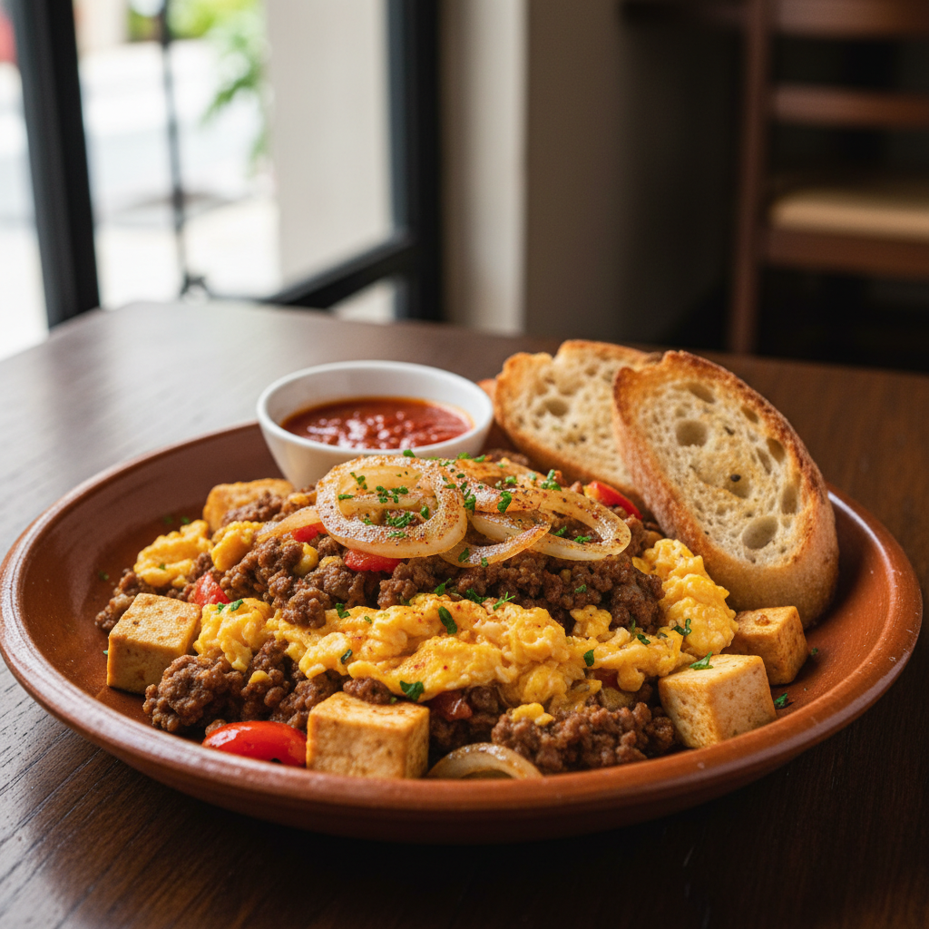 Spanish Beef and Tofu Scramble with Onions and Eggs