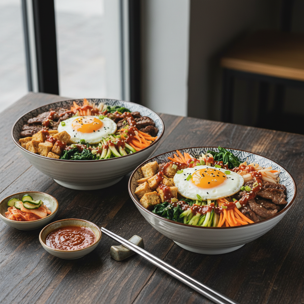 Korean Beef and Tofu Bibimbap Bowls with Gochujang Glaze