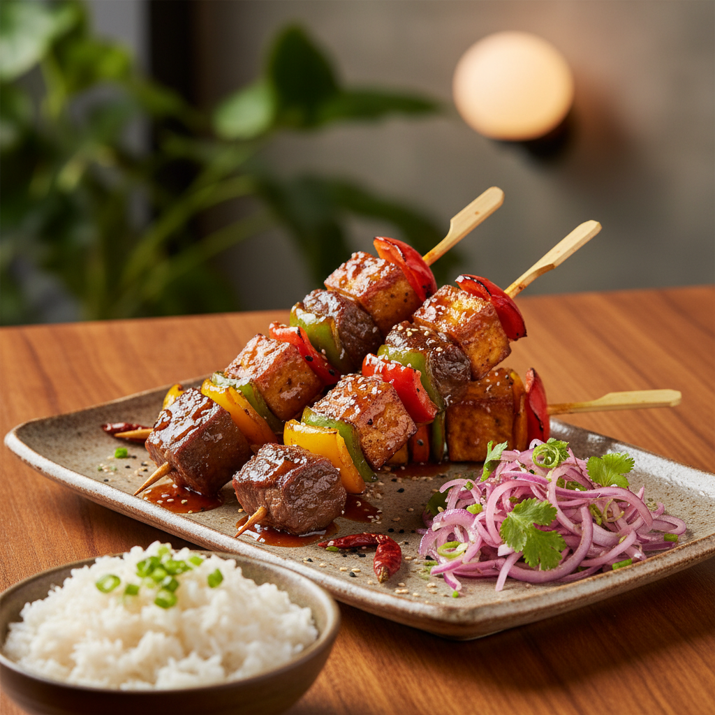 Sweet and Sour Beef Skewers with Tofu and Onion Relish