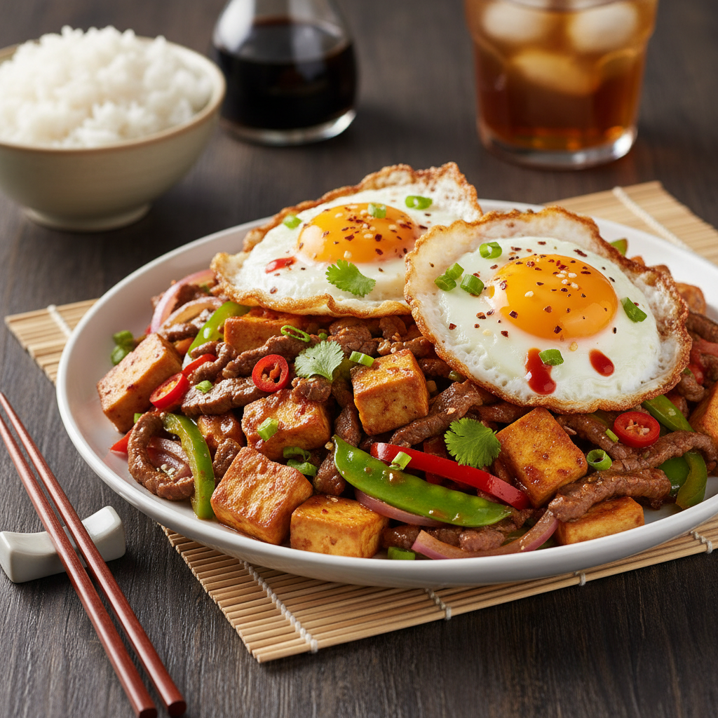 Spicy Beef and Tofu Stir-Fry with Crispy Fried Eggs