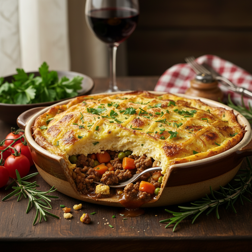 Beef and Tofu Shepherd's Pie with Onion-Egg Topping