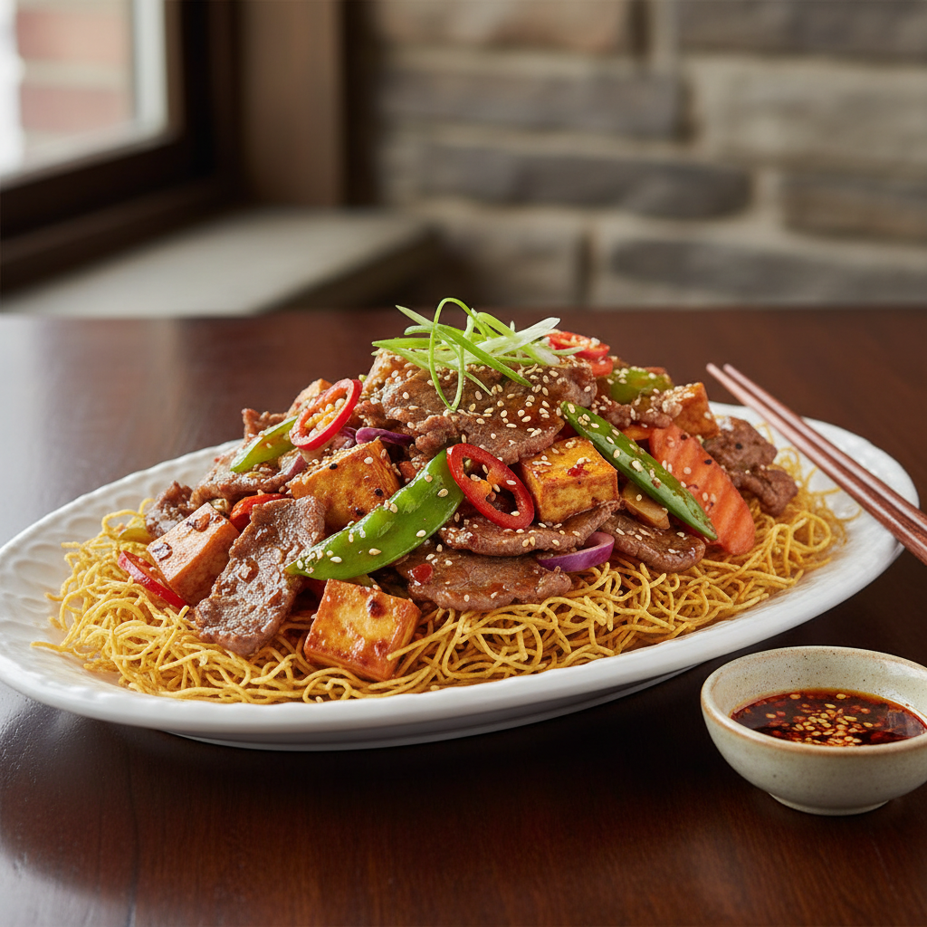 Spicy Beef and Tofu Stir-Fry with Crispy Egg Noodles