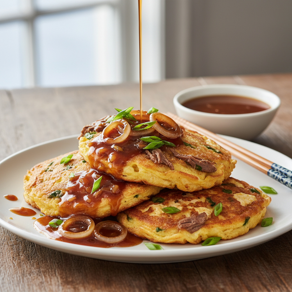 Beef and Tofu Egg Foo Young with Sweet Onion Gravy