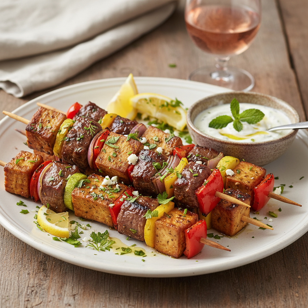 Mediterranean Beef and Tofu Skewers with Lemon-Herb Marinade